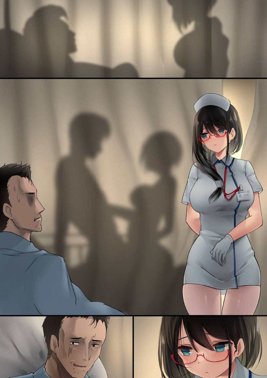 【エロ漫画】入院中に斎藤は毎晩隣のベットで患者とナースがセックスしている様子に苛立っていた。ある晩、担当ナースの宮下が訪ねて来ると上に跨り中出しセックスで看病される【おちちお】