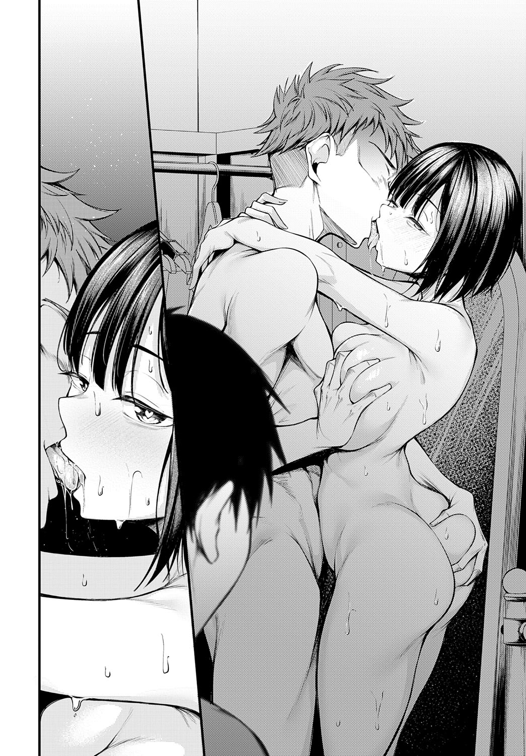 【エロ漫画】大声でオナニーをするも注意しようとすると下着姿で出てくる巨乳の人妻…フェラで口内射精をすると生ハメ中出しイチャラブセックスで中出し絶頂アクメ堕ちしちゃう【ピリオドö：お隣さんのナヤミゴト】