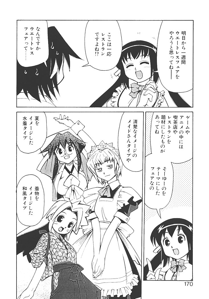 【エロ漫画】衣装あわせをするお姉さん…ウエイトレス衣装がエスカレートしていくと裸でエプロン姿で過激になっちゃう【みずきひとし：アキハバラへようこそ】