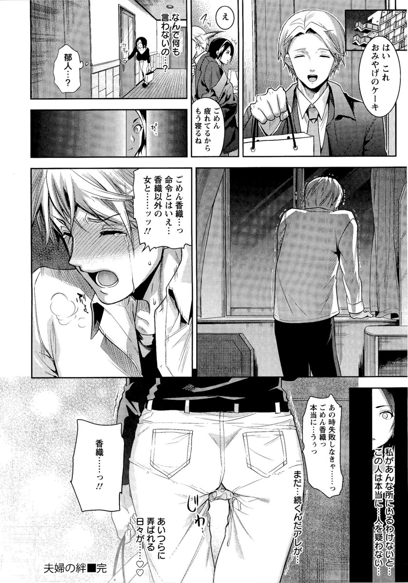 【エロ漫画】まっすぐな性格の夫を助けるため会社の男たちに調教される人妻…いつものように身体を弄られに会社へ行くと目隠しした旦那とセックスさせられ他の男たちに仕込まれたテクで不倫していると思いこむ旦那に奉仕しアナル中出しファック【狼亮輔：夫婦の絆】