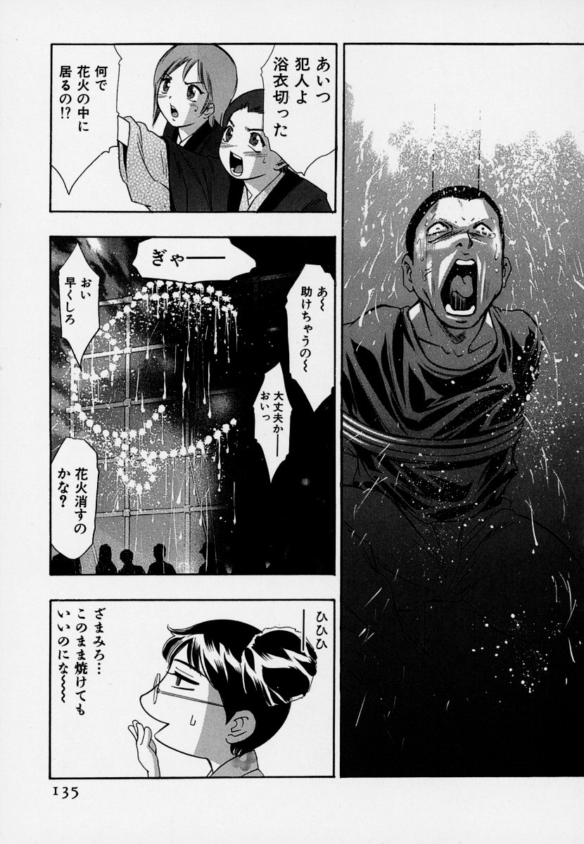 【エロ漫画】花火大会でにぎやかな夜店と打ち上げ花火を楽しむ浴衣姿のお姉さん…人気のない場所へ誘い出され、思わぬ危険に巻き込まれ生ハメ中出しレイプされちゃう【鬼窪浩久：牙の6 花火大会】